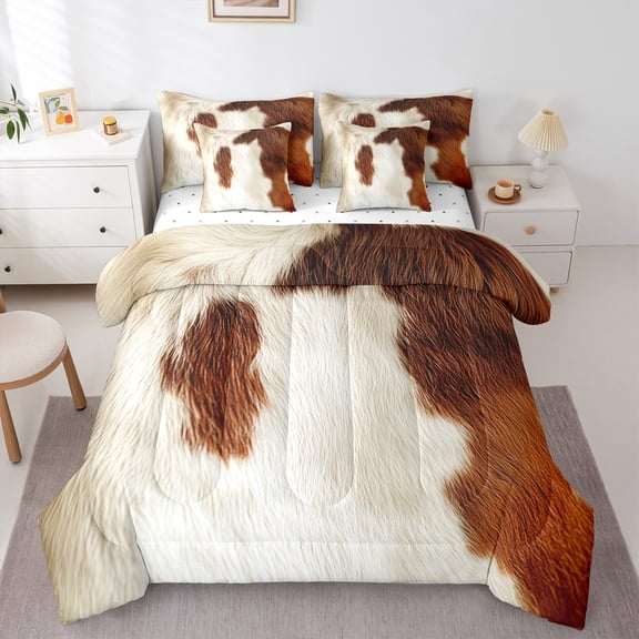 Manfei Cow Hide Print 7 Pieces Bedding Comforter Set,Rustic Farmhouse Cabin Full Bedding Set,Beige Brown Cattle Hide Fitted Sheet Flat Sheet For Adults,Microfiber Bedroom Decor