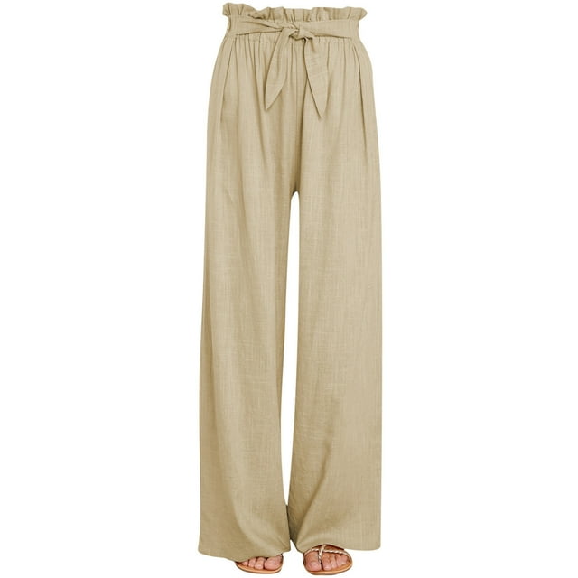 Pantalones Largos de Pierna Ancha Informales de Algodón Sólido Con Cordón de Lino Y Cintura Elástica Para Mujer Odeerbi ODB-6