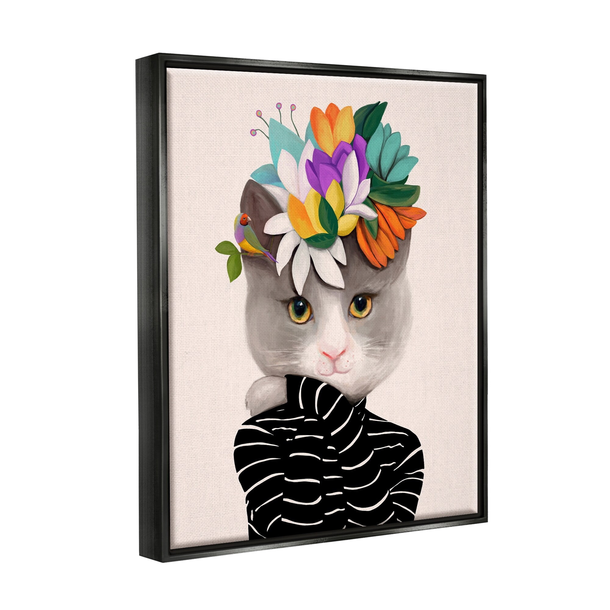 Stupell Industries Bold Floral Design Grey Cat Striped Sweater Jet Black Framed Floating Canvas Wall Art, 24x30, by Ioana Horvat