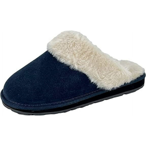 Clarks Womens Open Back Suede Leather Comfort Clog Slipper JMS0583C - Plush Faux Fur Trim - Indoor Outdoor House Slippers For Women (Navy Premium Suede, 6)