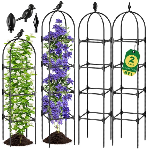 Aovky Garden Obelisk Trellis for Climbing Plants Outdoor, 2 Pack 6 Ft Rustproof Plastic Coated Metal Vine Plant Trellis Support for Pots, Clematis, Wisteria, Jasmine, Rose, Tomato, Clematis