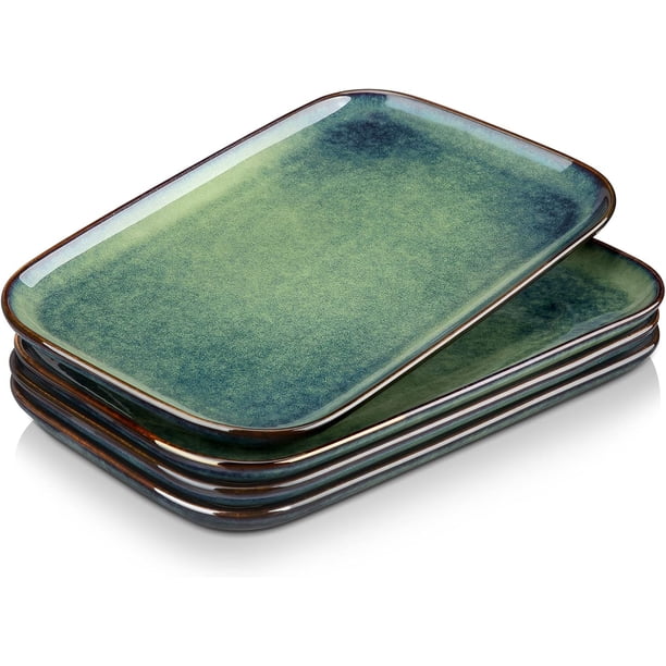 Serving Platters Set of 4, 11 Inch Rectangular Ceramic Plates, Green ...