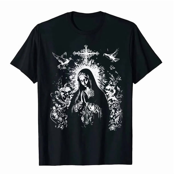 Camiseta de manga corta de algodón negro lavado de alto gramaje con diseño religioso de la Virgen María y la cruz.