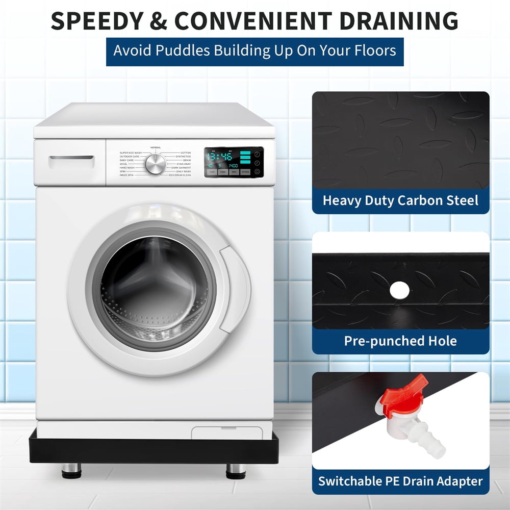Carbon Steel Washing Machine Pan with 4 Anti-Vibration Feet, Rust-Free Water Damage Protection, Easy Install, Protects Floor From Water Damage Protection