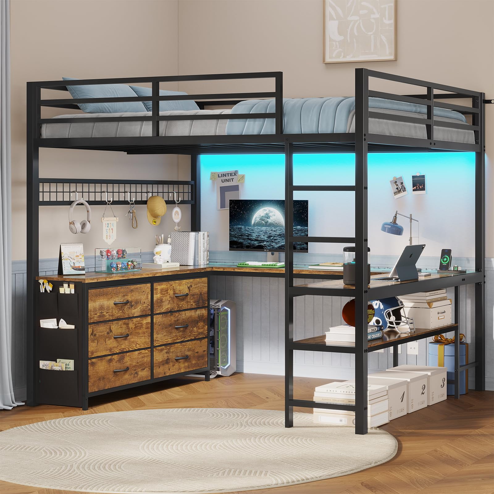 Full Size Loft Bed with Desk with 6 Storage Drawers & Charging Station & LED Lights, Metal Loft Bed with 2 Storage Shelves, U-Shaped Desk,Noise-Free, Space-Saving, No Box Spring Needed, Rustic Brown