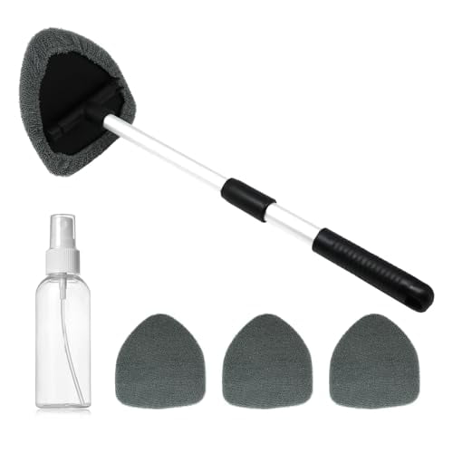 Windshield Cleaning Tool,180° Rotatable with 3 Reusable Microfiber Cloths Extendable Handle Auto Inside Glass Wiper Kit