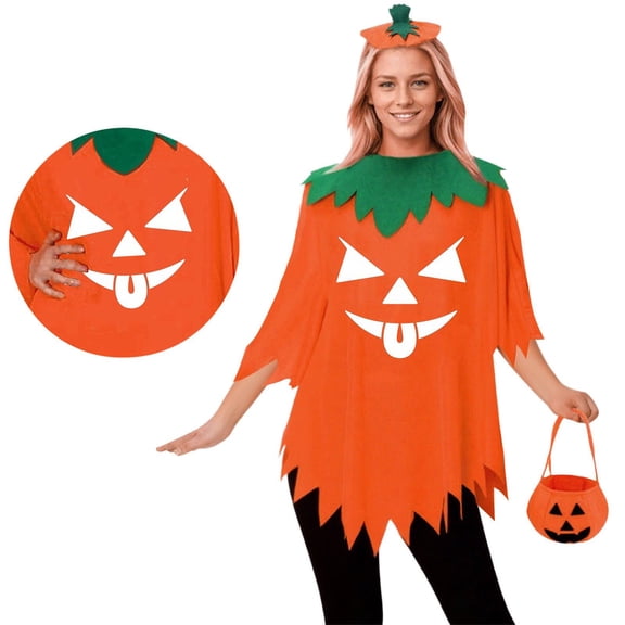 Pumpkin Cosplay, Pumpkin Costume, Pumpkin Outfit, Halloween Pumpkin Costume for Women - Glow In The Dark Poncho Set With Headband Candy Bag, Halloween Cosplay Clothes-Cloak Hat Handbag, A One Size