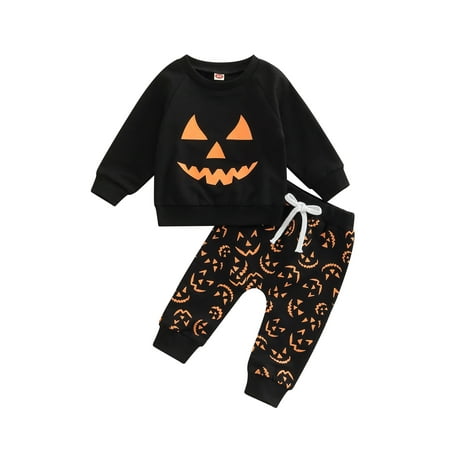 

CenturyX Kids Baby Girls Boys Halloween Outfits Skull Printing Long Sleeve Hoodie Tops Pants Clothes Set Black Orange 12-18 Months
