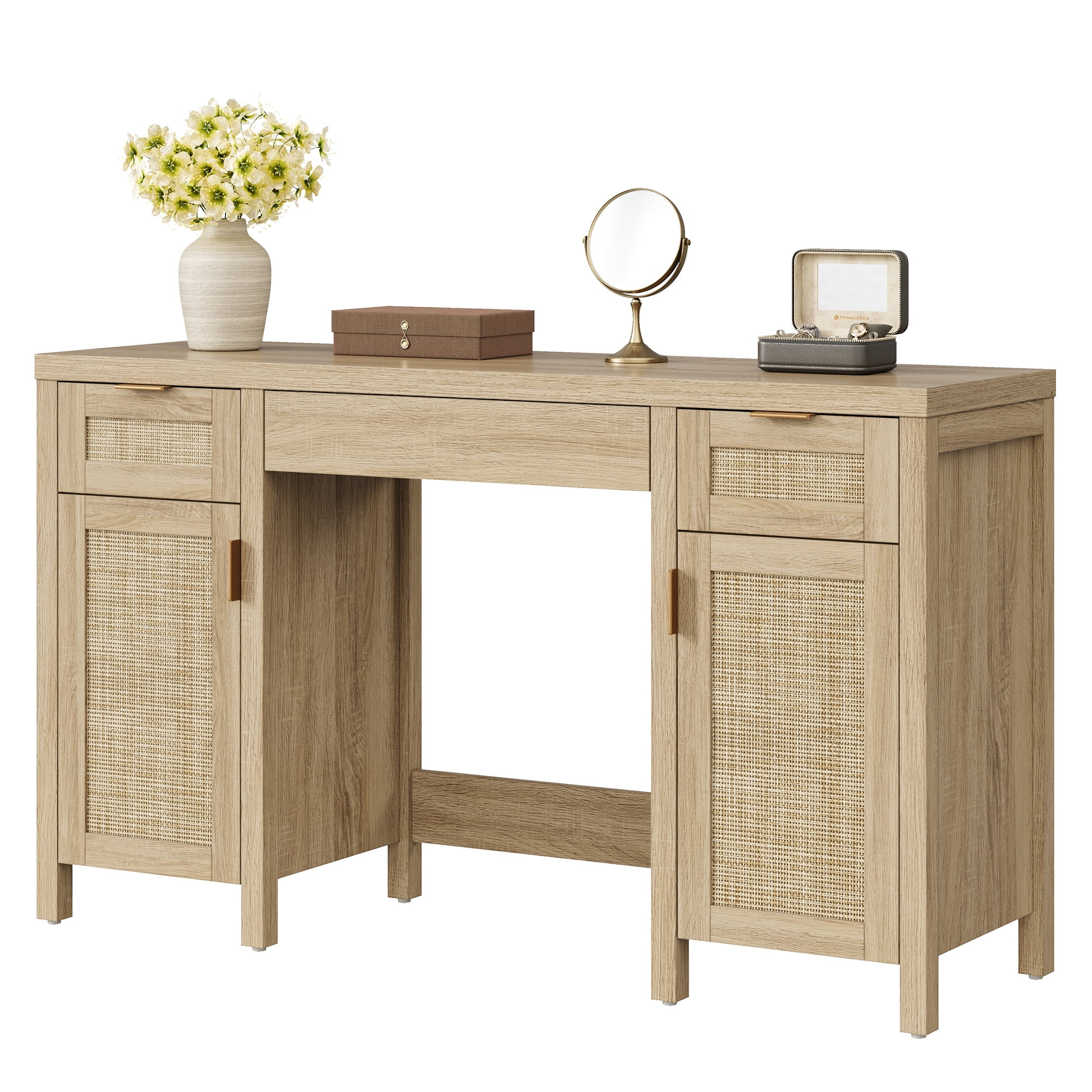 SICOTAS Boho Vanity Desk with 3 Drawers & 2 Storage Cabinets, 52" Rattan Makeup Desk with Adjustable Shelves, Farmhouse Dressing Table for Bedroom, Executive Computer Desk for Home Office, Light Oak