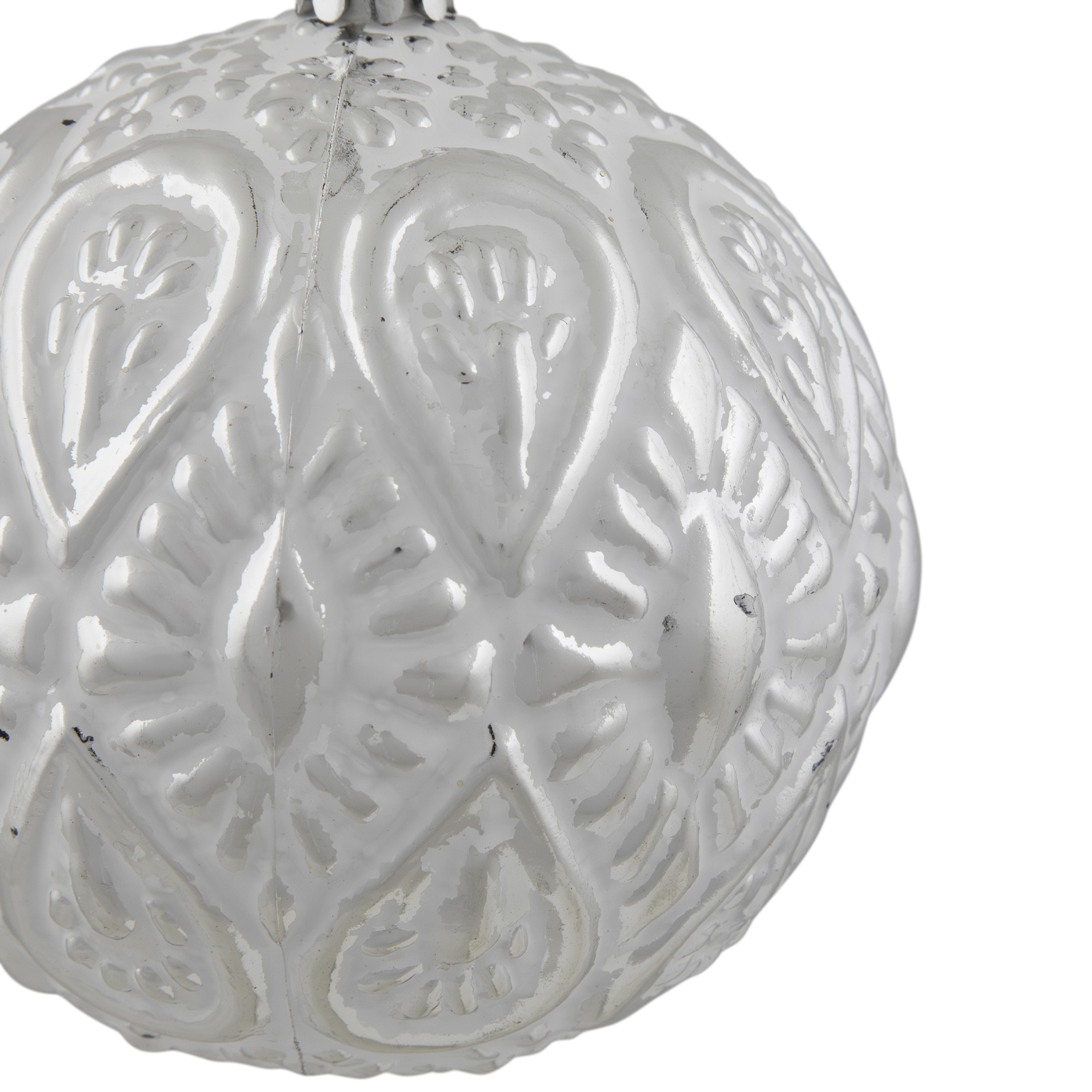 Distressed White Ball with Silver Beveled Design Christmas Ornament 4" (100mm)