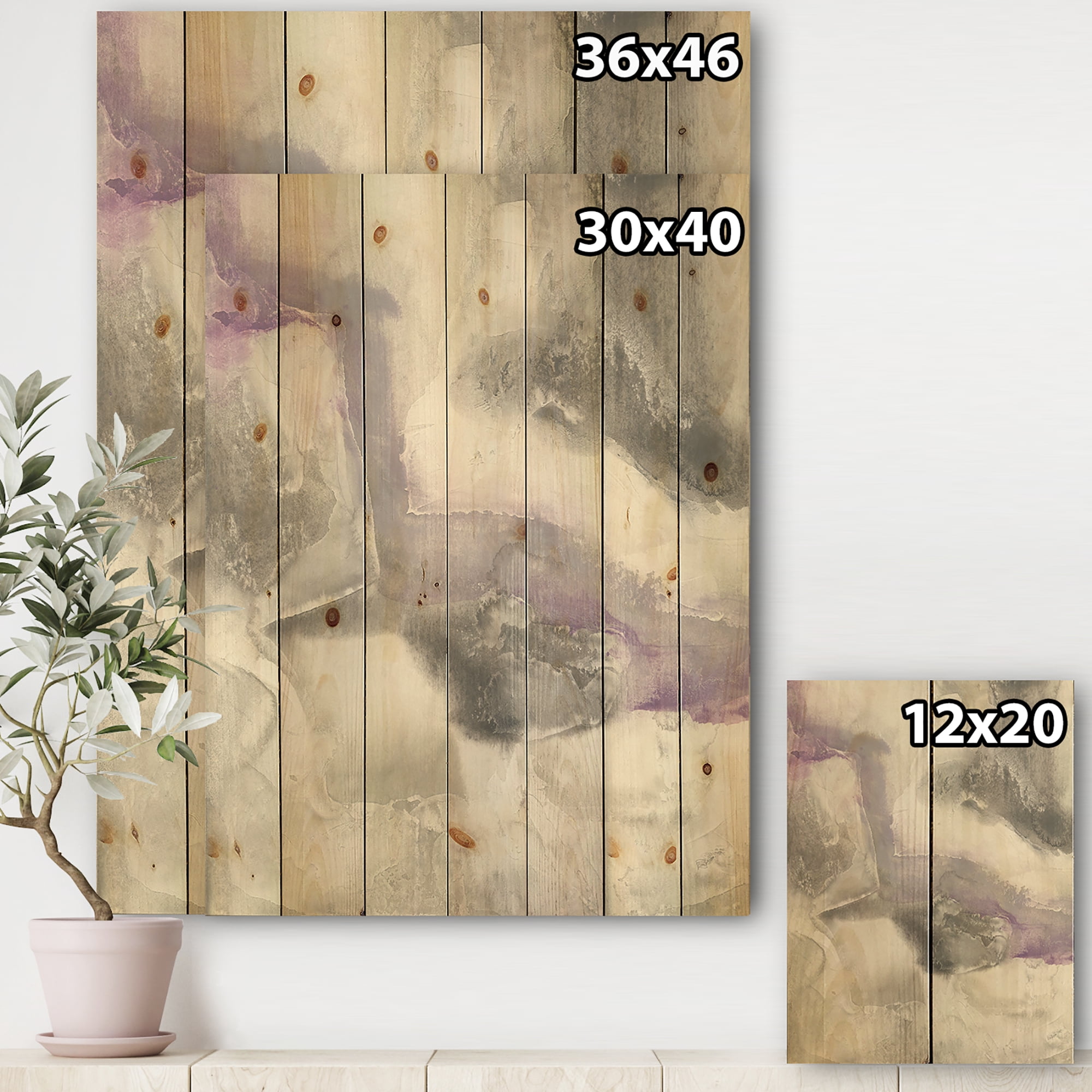 Designart 'Watercolor Minimal Purple Tones II' Modern Farmhouse Print on Natural Pine Wood