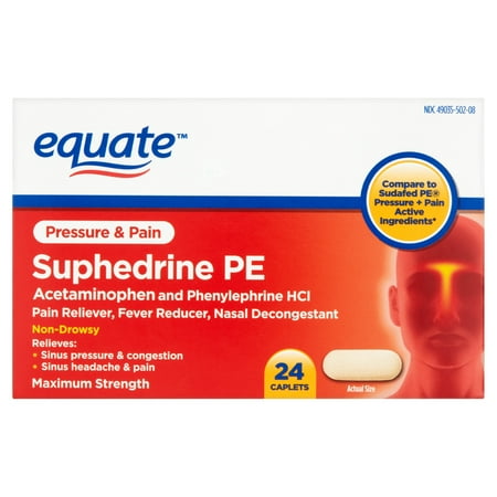 Equate Pressure & Pain Suphedrine PE Caplets, 5 mg, 24 Ct