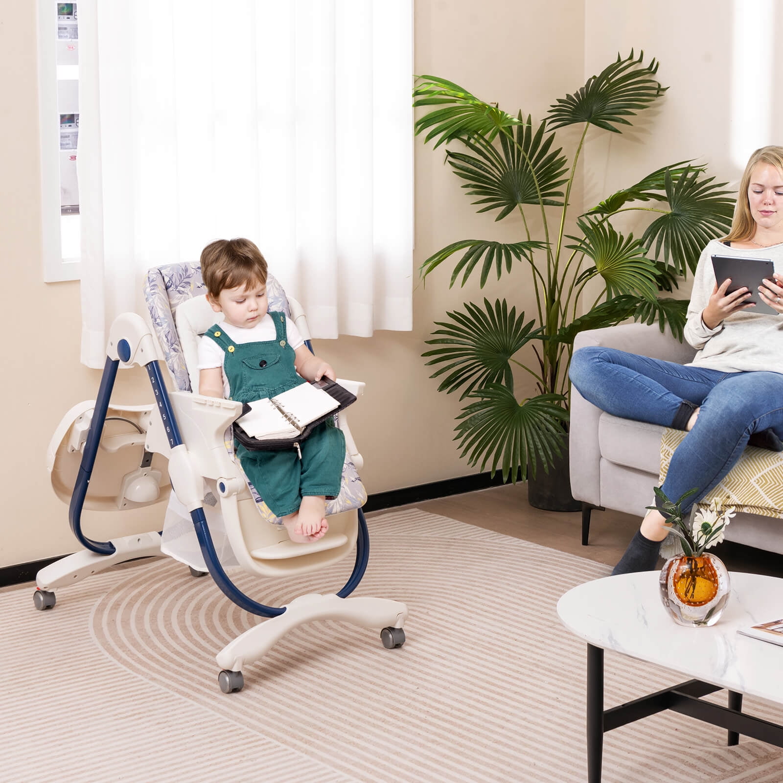Infans High Chair for Babies & Toddlers w/ Rolling Wheels Adjustable Height Footrest