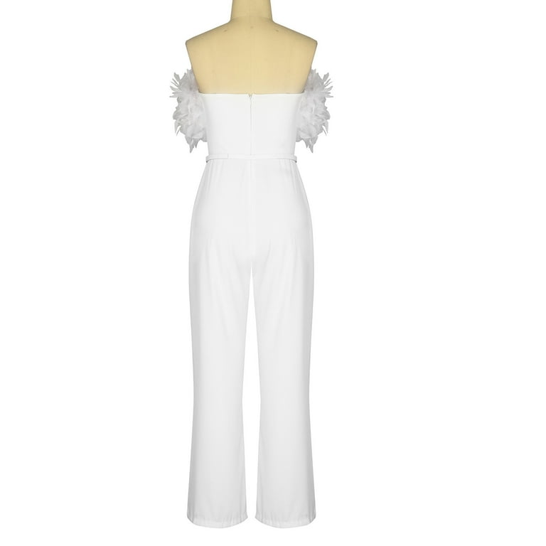 Women's White Jumpsuit One Side Ruffled/high Waist Wide 