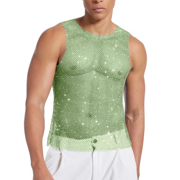 USNSM Rhinestones Rave Outfits, Sparkly Mesh Tank Tops, Men's Sheer Fishnet Shirt for Music Festival (XS-5XL) Plus Size Green S