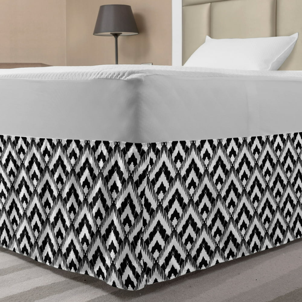 Black and White Bed Skirt, Hand Drawn Herringbone Lines Pattern