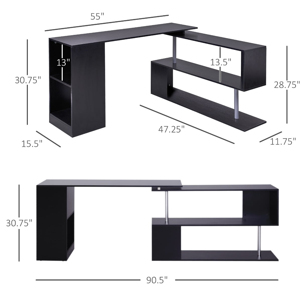 HomCom 55" 360° Rotating Corner Computer Desk Modern L-Shaped Home Office Workstation with 3-Tier Storage Shelves, Bookshelf, Black