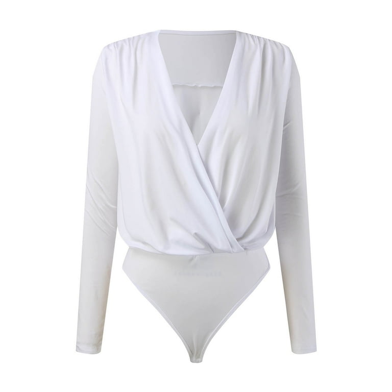 ASFGIMUJ Women's Bodysuit Top Satin Long Sleeve V Neck Snap