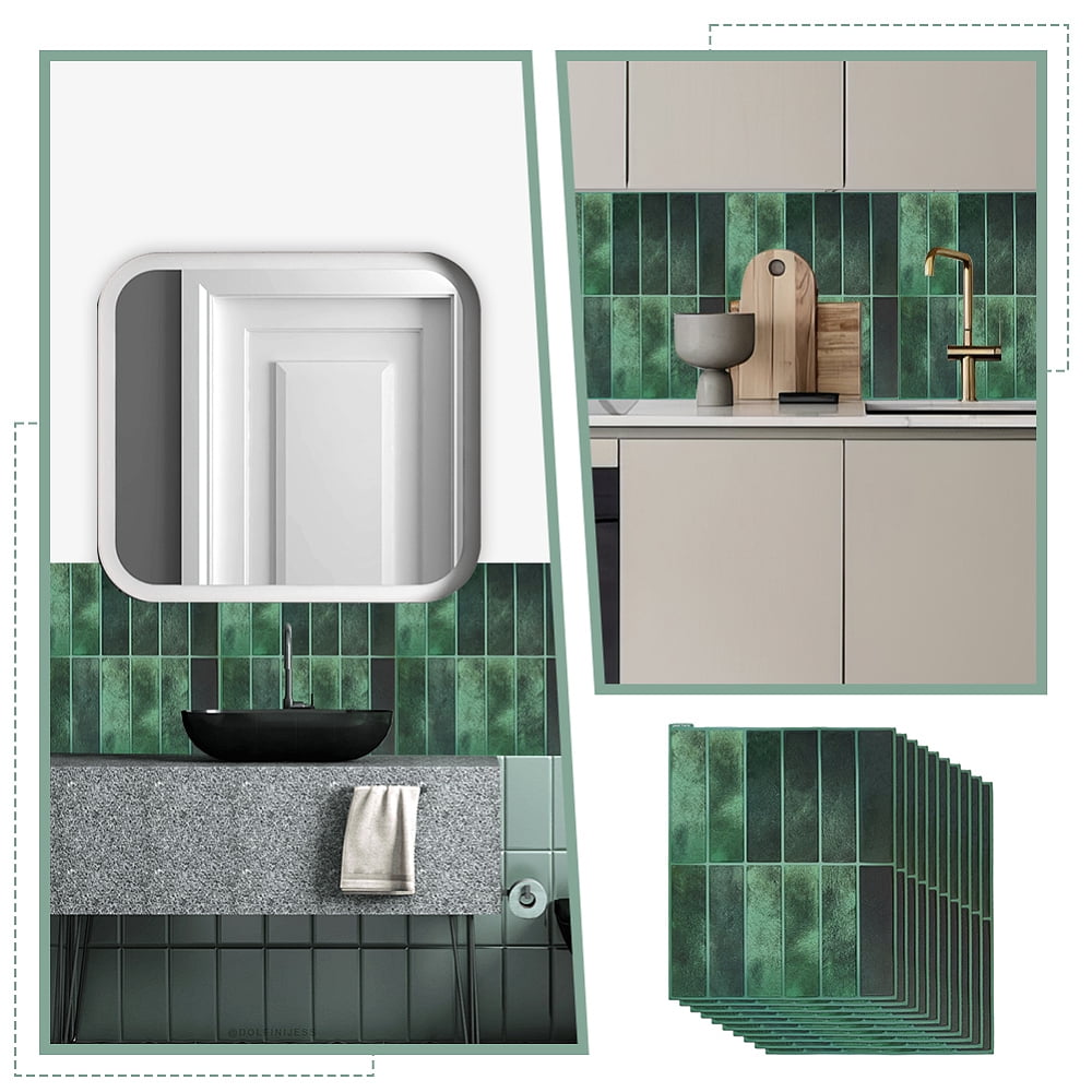 10 Sheets Peel and Stick Backsplash Tiles 3D Stick on Tiles 11.4x9.1 Inch Green Kitchen Wall Tile Self Adhesive Rectangle Wall Tile