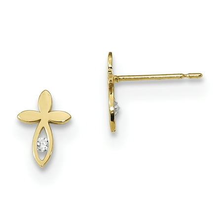 14k Yellow Gold Kids Cubic Zirconia Cz Cross Religious Post Stud Ball Button Earrings