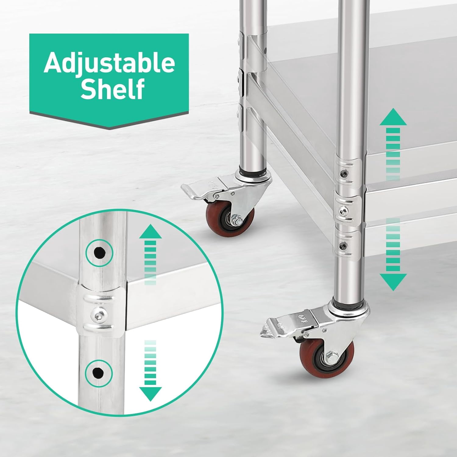 OUTGOODS Stainless Steel Work Table, NSF Commercial Grade, Adjustable Shelf, Silver