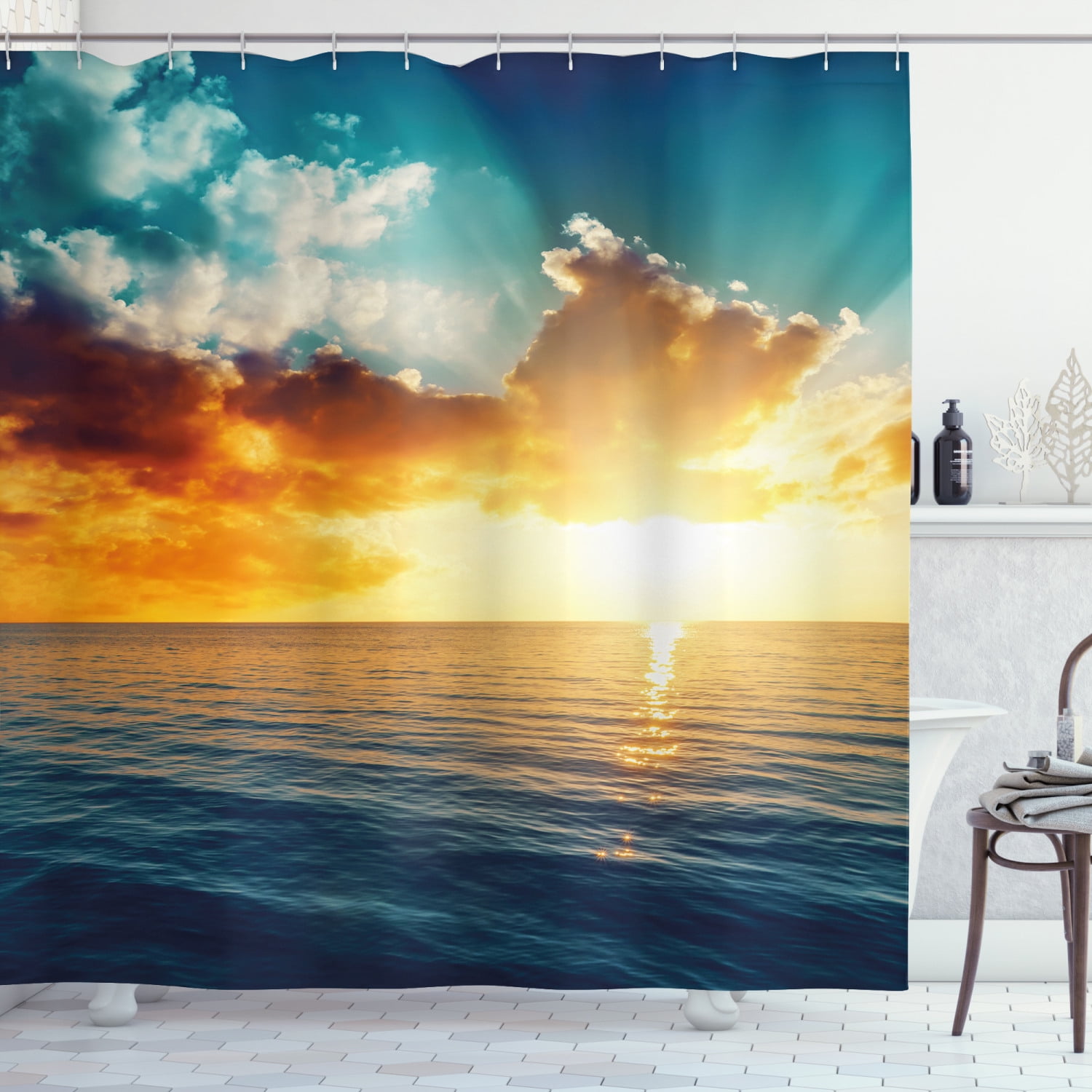 Nautical Ocean Sunset Waterproof Fabric Bathroom Shower Curtain set 71X71inch 