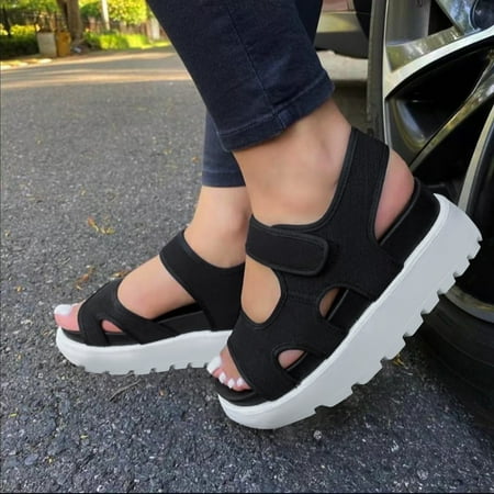 

PEASKJP Comfortable Sandals for Women Ladies Comfort Platform Ankle Strap Flat Wedeges Sandals Shoes Platform Sandals Black 7.5