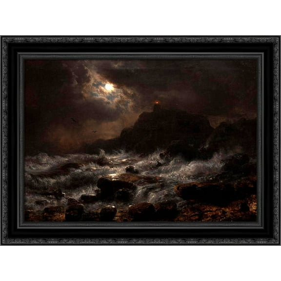 Norwegian Coast by Moonlight 24x20 Black Ornate Wood Framed Canvas Art by Achenbach, Andreas