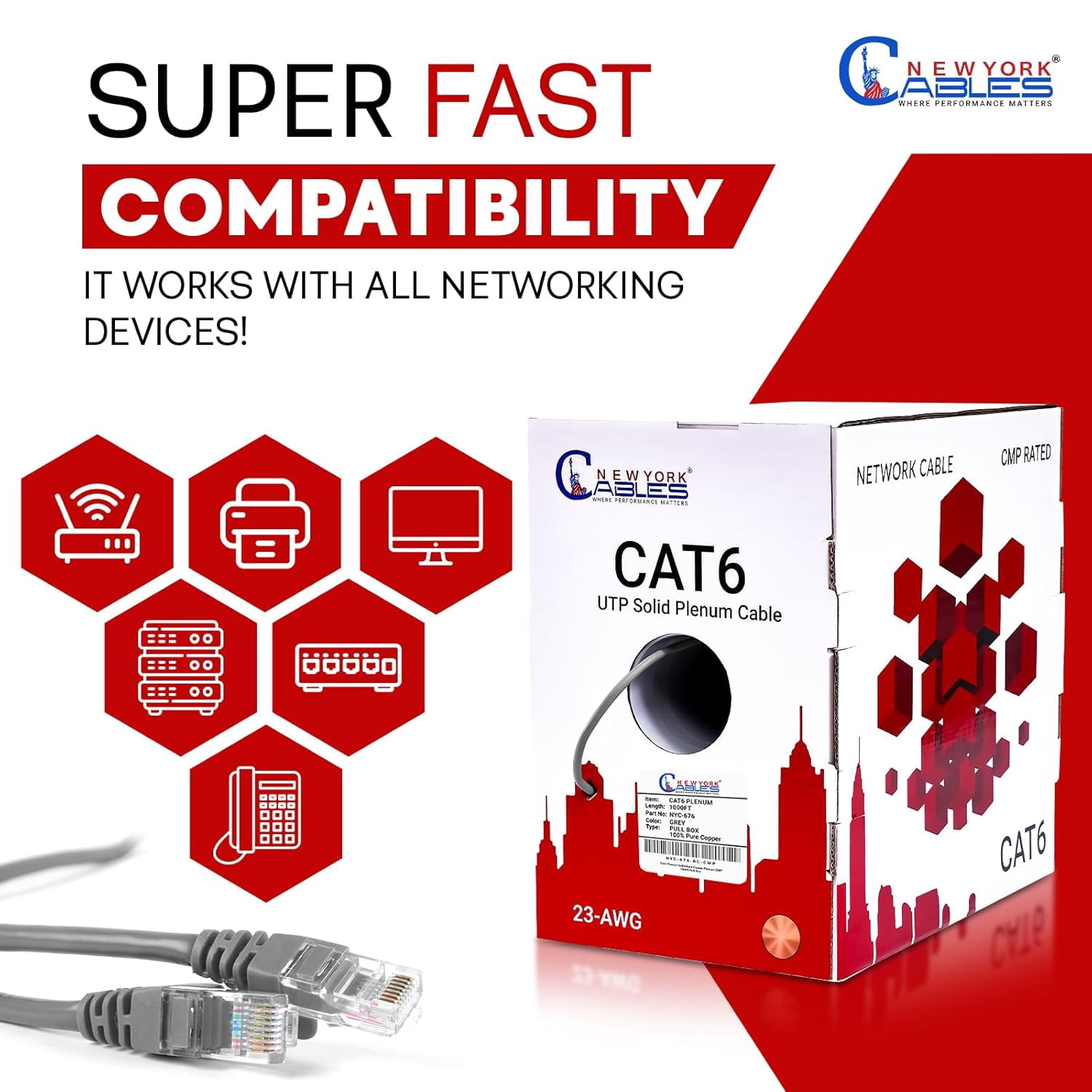 NewYork Cables | Cat6 Plenum Ethernet Cable Pure Copper 1000ft UTP 4Pairs 550MHz 23AWG 10 GB Grey