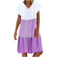 thumbnail image 1 of CHOK Robe Mini Décontractée pour Femme Grande Taille Été Ample Mode Patchwork Col en V à Rayures à Pois Manches Courtes Volant Ourlet à Étages en Lin Robe de Plage Soleil en Liquidation, 1 of 5