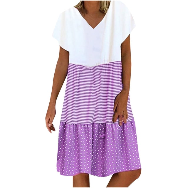 CHOK Robe Mini Décontractée pour Femme Grande Taille Été Ample Mode Patchwork Col en V à Rayures à Pois Manches Courtes Volant Ourlet à Étages en Lin Robe de Plage Soleil en Liquidation