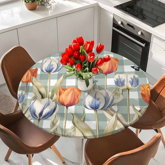 Orange Blue Tulip Elastic Fitted Round Tablecloth Butterfly Green Buffalo Plaid Waterproof Outdoor Table Cover for Holiday Party, Picnic, Patio & Dining Fits Tables Up to 55"-60"