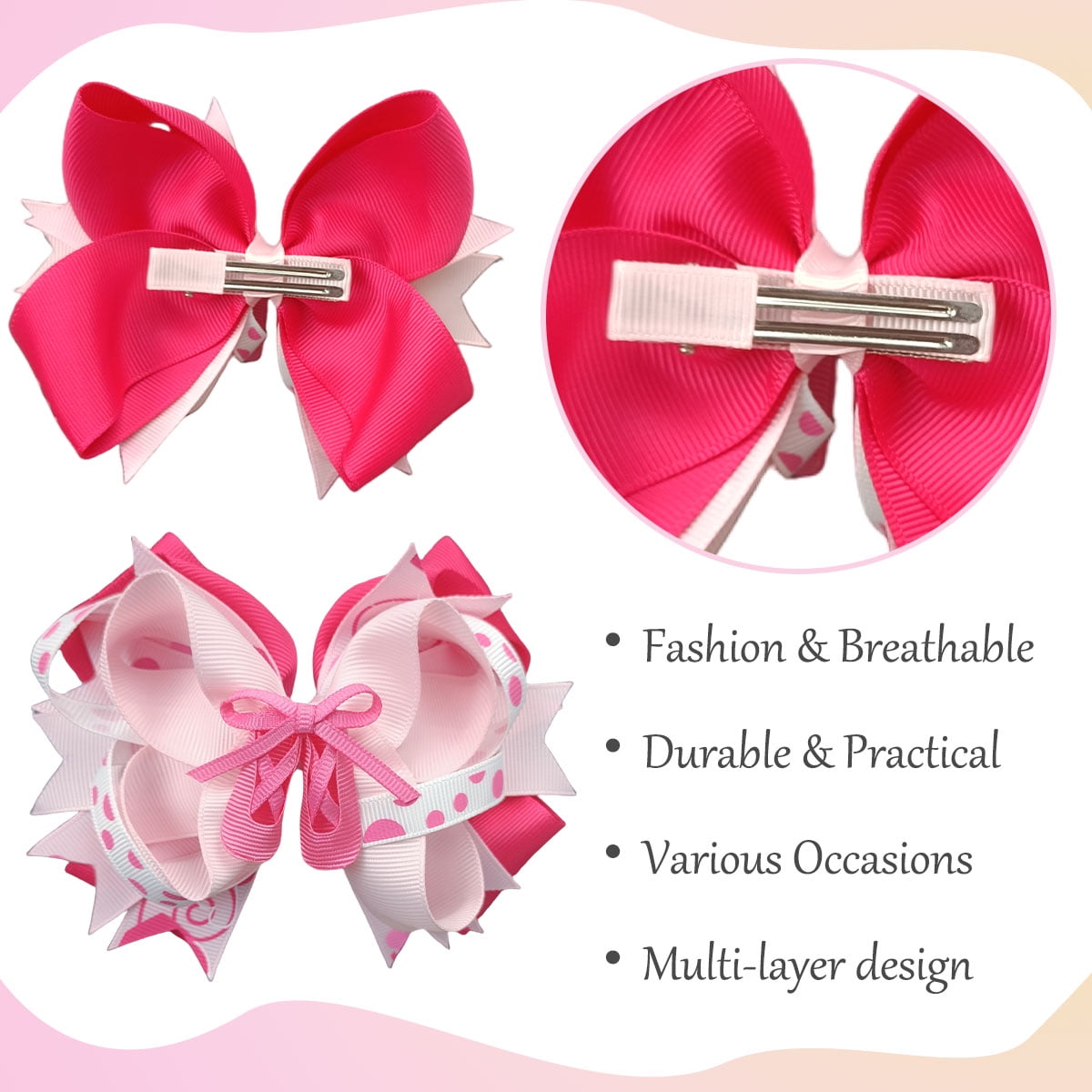 JoyBowie 4 Pcs 5inch Layered Grosgrain Hair Bows for Girls 3-8 Years, Decorative Hair Clips for Birthday Parties & Daily Hairstyles