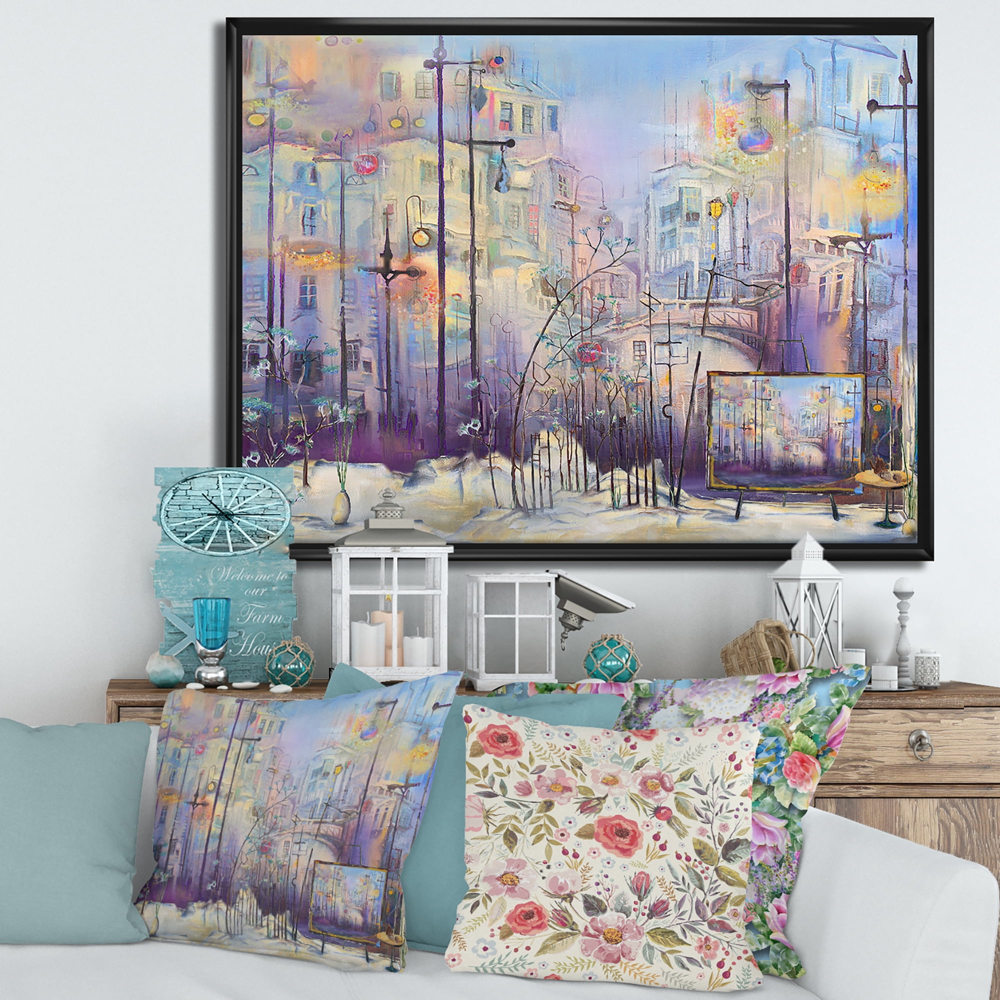 Designart 'Abstract Cityscape With Pastel ' Modern Framed Canvas Wall Art Print