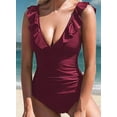 thumbnail image 5 of Women'S Ruffled Swimsuit V Neck Lace Up Claret M, 5 of 6
