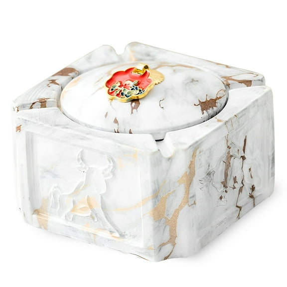 Yuungoou Vintage Ashtray With Lid, Ceramic Ashtray Windproof, Small Decorative Ashtray For Cigarettes Outdoor, Cigar Ashtrays-white and gold-11.5x11.5x9cm
