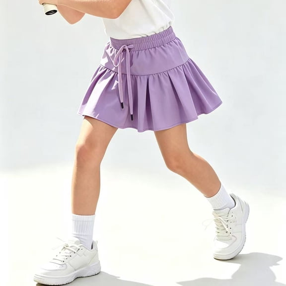 Girls Running Skirt Athletic Pleated Skort, Elastic Waist Drawstring Flowy with Pocket, Kids Tennis Golf Sports Skirts