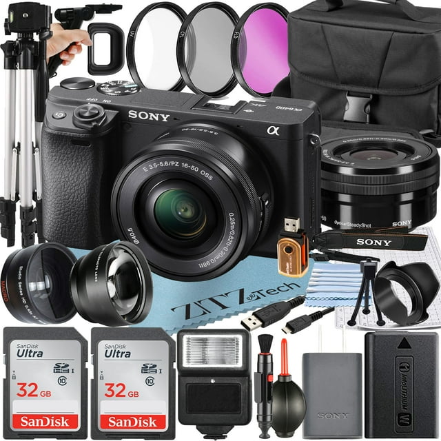 Sony Alpha a6400 Appareil Photo Numérique Sans Miroir avec Objectif 16-50mm + Lot de 2 Cartes SanDisk 32 Go + Flash + Ensemble d'Accessoires ZeeTech
