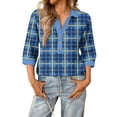 thumbnail image 2 of Garbnen Womens 3/4 Sleeve Shirts Fashion Plaid Color Block Womens Henley Shirts Spring Summer Elbow Length Sleeve Button Blouses for Women, 2 of 4