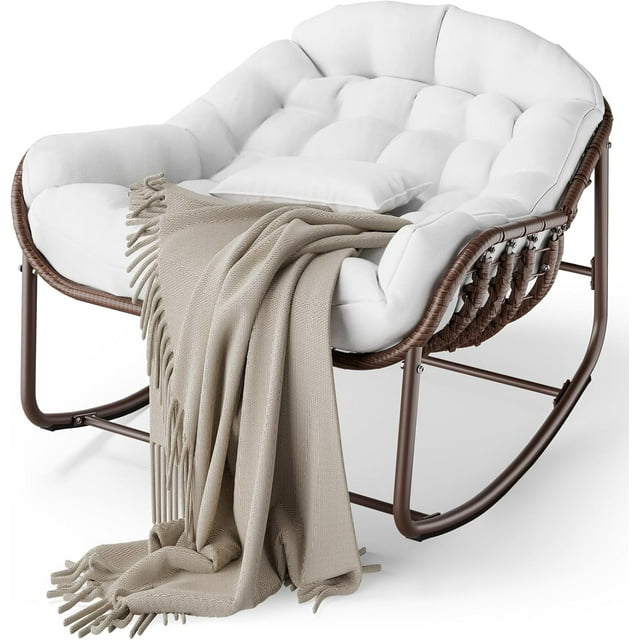 Patio Furniture Outdoor Papasan Rocking Chair, Oversized Wicker Lounge Chair with Cushion and Metal Frame, Patio Rattan Egg Rocker for Balcony Backyard Porch Bedroom, White