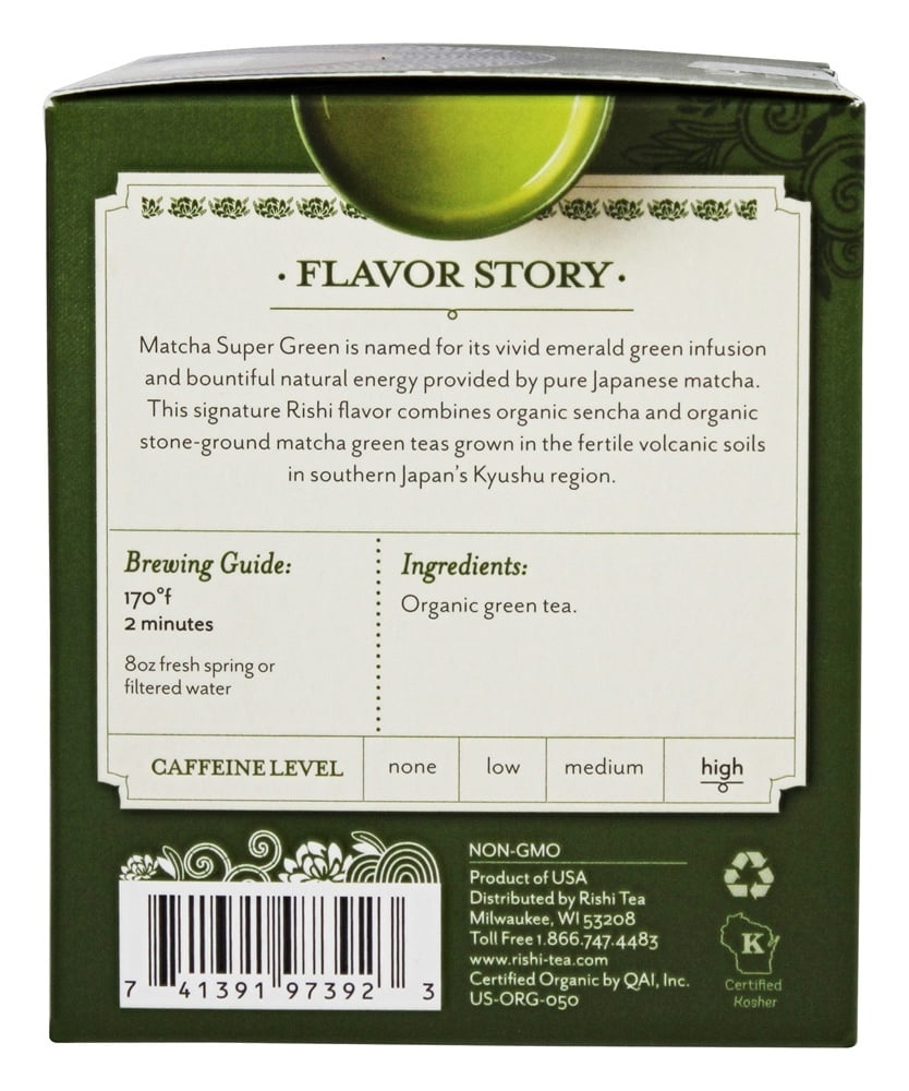 Rishi Tea Organic Green Tea Matcha Super Green 15 Tea Bags 1.42 Oz (Pack of 4)
