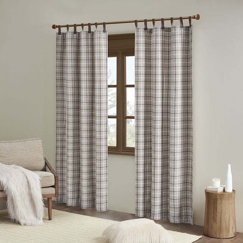 Madison Park Anaheim Plaid Faux Leather Tab Top Curtain Panel with Fleece Lining in Brown, 50"x84"