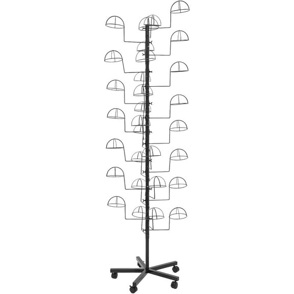 Metal Hat Display Stand, Freestanding Rack with 30 Hooks, Adjustable Cap Organizer, Floor Standing Hat Storage Rack with Wheels for Hats, Caps, Wigs, Retail Store & Home (Black, 30 Hooks)