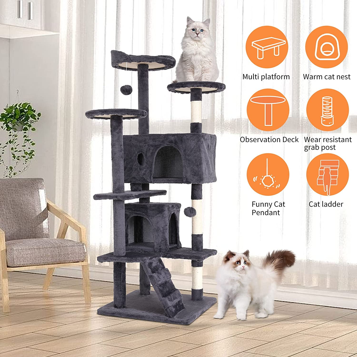 BestPet 54in Cat Tree Tower with Cat Scratching Posts Stand House Cat Condo with Funny Toys Ashy