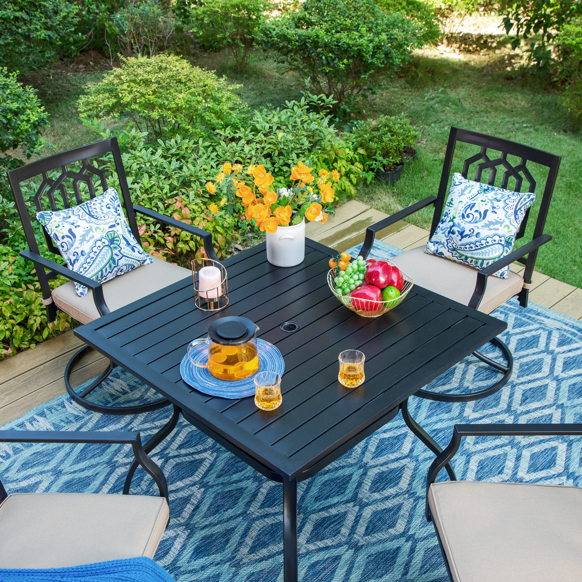 MF Studio 5-Piece Patio Dining Set Outdoor Metal Furniture with 4 Swivel Padded Chairs& 37" Square Table, Beige Cushion