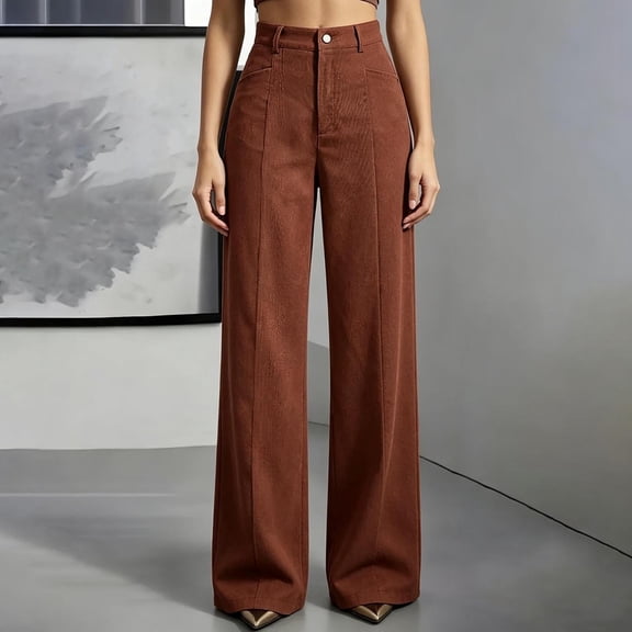 cocolona Womens High Waist Corduroy Dress Pants Elastic Waist Straight Wide Leg Business Casual Work Pants with Pockets