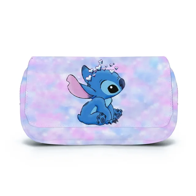 Estuche para lápices con solapa y estampado completo de Stitch, estuche para lápices, bolso escolar para estudiantes de primaria y secundaria, mochila de dibujos animados