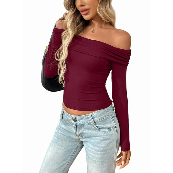 Womens Long Sleeve Off Shoulder Shirts Tight Fitted Y2K Ruched Tee Tops Blouses 2025 Trendy Outfits Wine Red L