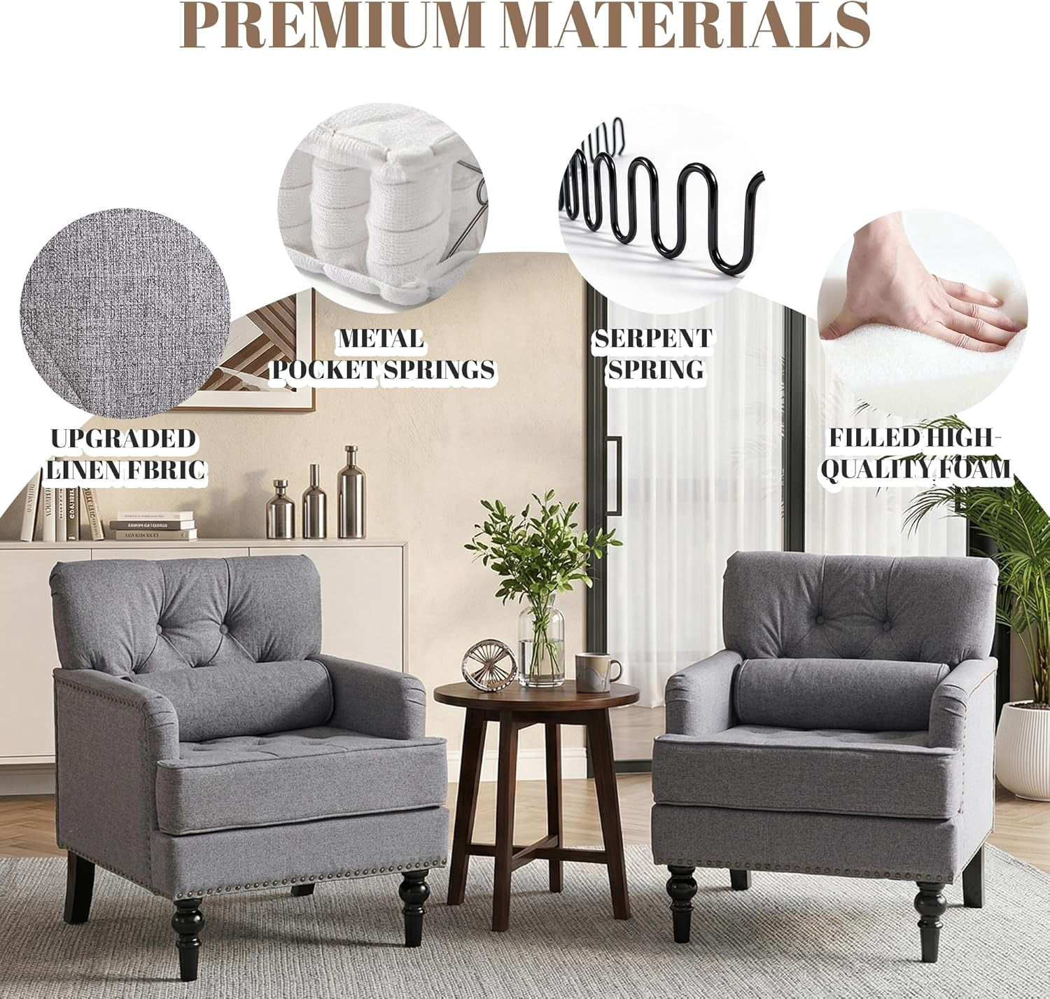 MOONMISS 26.4" Wide Accent Chair,tufted Club Chair With Linen Fabric,upholstered Button Armchair For Bedroom, Living Room,Gray