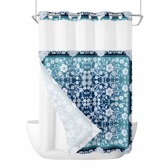 No Hook Cloth Fabric Shower Curtain with Snap in Liner, Teal Blue Ombre Flowers Waterproof Shower Curtains Set with See Through Top Window, Rustic Vintage Botanical Leaves Bath Curtains 48"x72"